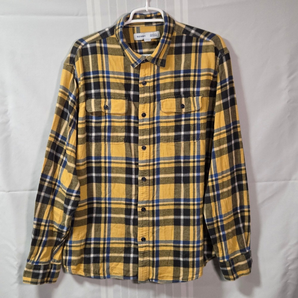 Old Navy Button Down Mens XL Yellow Plaid Built-In Flex Flannel Regular Shirt